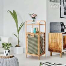 Bathroom Shelf With Laundry Basket, Bathroom Shelf Made Of Bamboo, Bathroom Cabinet With 2 Shelves For Bathroom Accessories, 40L Removable Laundry Basket, Freestanding, For Bathroom Bedroom (40.5 X 33 X 95.5 Cm)