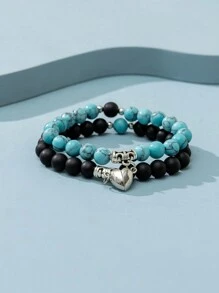 2入組天然石珠子和愛心、、八卦和手部紋路的彈性手鍊套裝,適用於情人節女士和情侶 - 彩色 - 查看 11