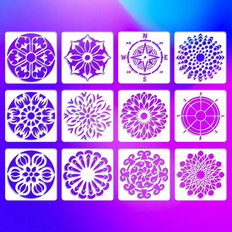 12入組白色曼陀羅藝術繪圖模板,適用於兒童繪畫、牆面和相冊裝飾、手繪diy、剪貼簿、塗鴉、印刷水彩/石頭/刮痕紙等。pet材料可清洗和重複使用。裝飾牆壁、紙張、紡織品和家具。初學者藝術創意繪製盒 - B60 - 查看 1