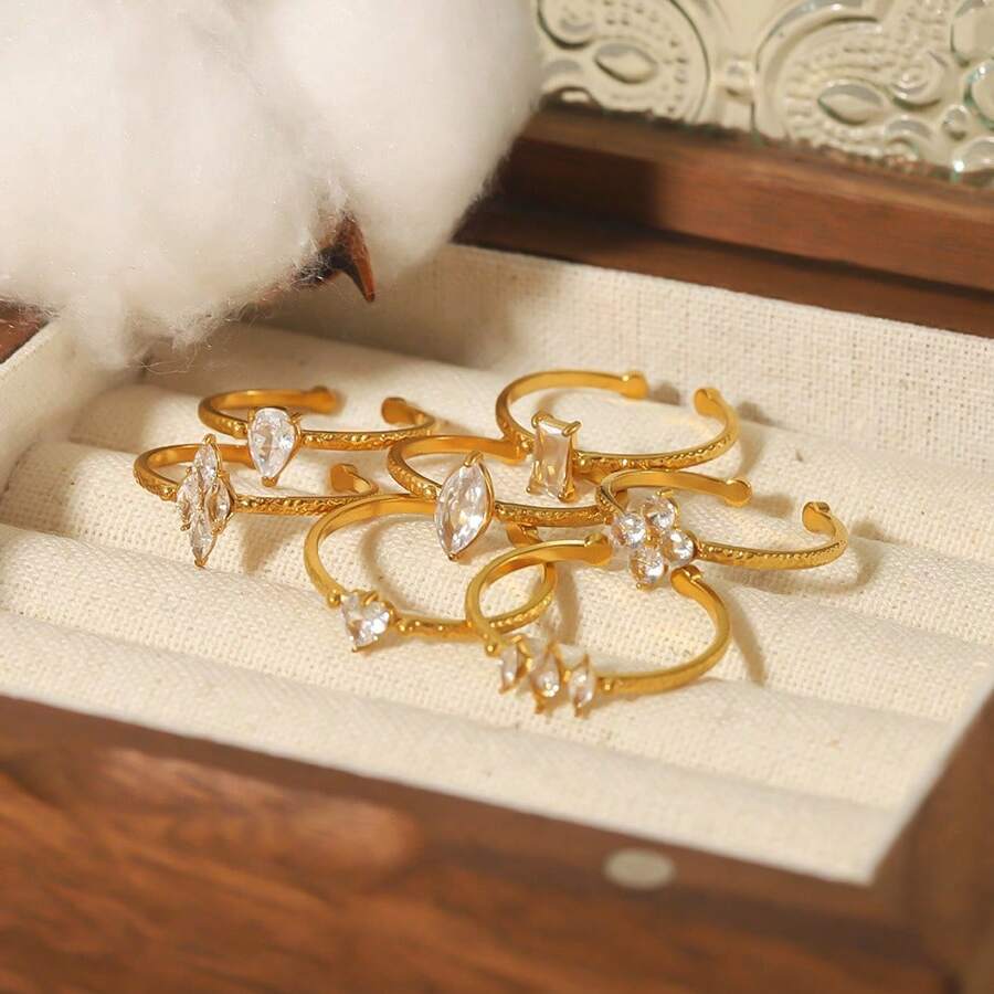 1pc Stainless Steel Women's Versatile Cubic Zirconia Ring For Dating, Party, And Office - Yellow Gold - View 1