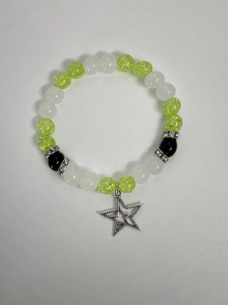 1pc European & American Style Double-Layered Hollow Out Star Bead & Pentagram Stone Bracelet For Women, Valentine'S Gift - Multicolor - View 1