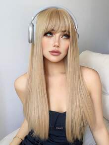 1入組合成纖維耐熱直髮短齊瀏海假髮-金色24英寸全機編織日常自然逼真假髮 - 金色 - 查看 3