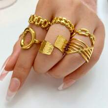 1pc Women's Stainless Steel Hollow Out Chain Design Ring For Date, Party And Working Women - Yellow Gold - View 2