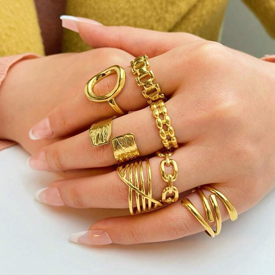 1pc Women's Stainless Steel Hollow Out Chain Design Ring For Date, Party And Working Women - Yellow Gold - View 1