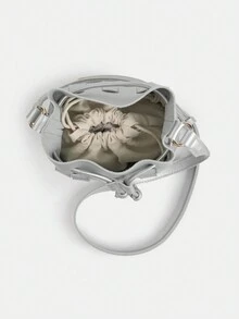 New Soft Pu Leather Woven Mini Drawstring Bucket Bag Crossbody Bag Y2k Millennium Girl Style Women's Bag - Silver - View 3