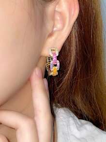 1pair Large Round Colored Cubic Zirconia Hoop Earrings