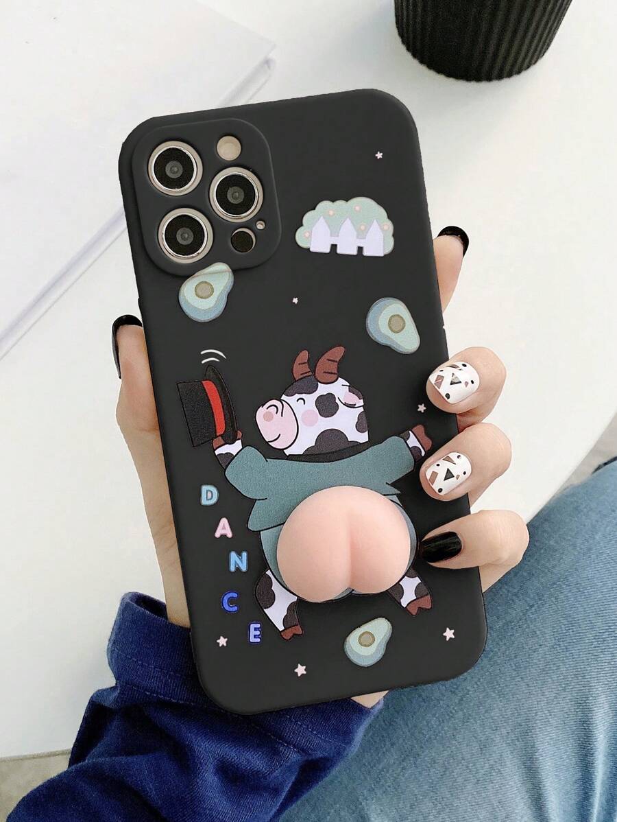 黑色防摔减压软萌奶牛造型保护手机壳，兼容和红米手机，国际版，非国内版