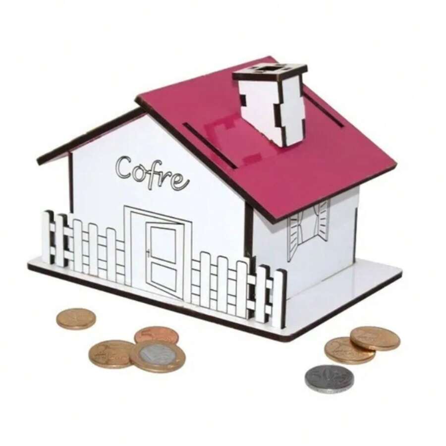 COFRE PORTA MOEDAS CASINHA MDF BRANCO E PINK - DARAMA - Pink - Visão 1