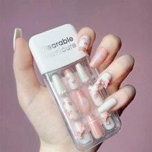 30pcs Wearable Artificial Nail Set, Medium Length, Ballet Style, Sweet & Lovely Butterfly & Flower Design, Nail Art For Fingers X-188-109 - Pink - View 5