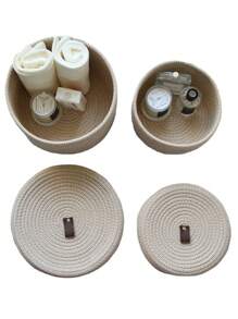 1pc Rope Storage Box, Woven Desk Top Covered Container, Yellow Jute Catchall Bin For Toys, Cosmetics, Round Multifunctional Basket, Festive Gift, Blue - Beige - View 4