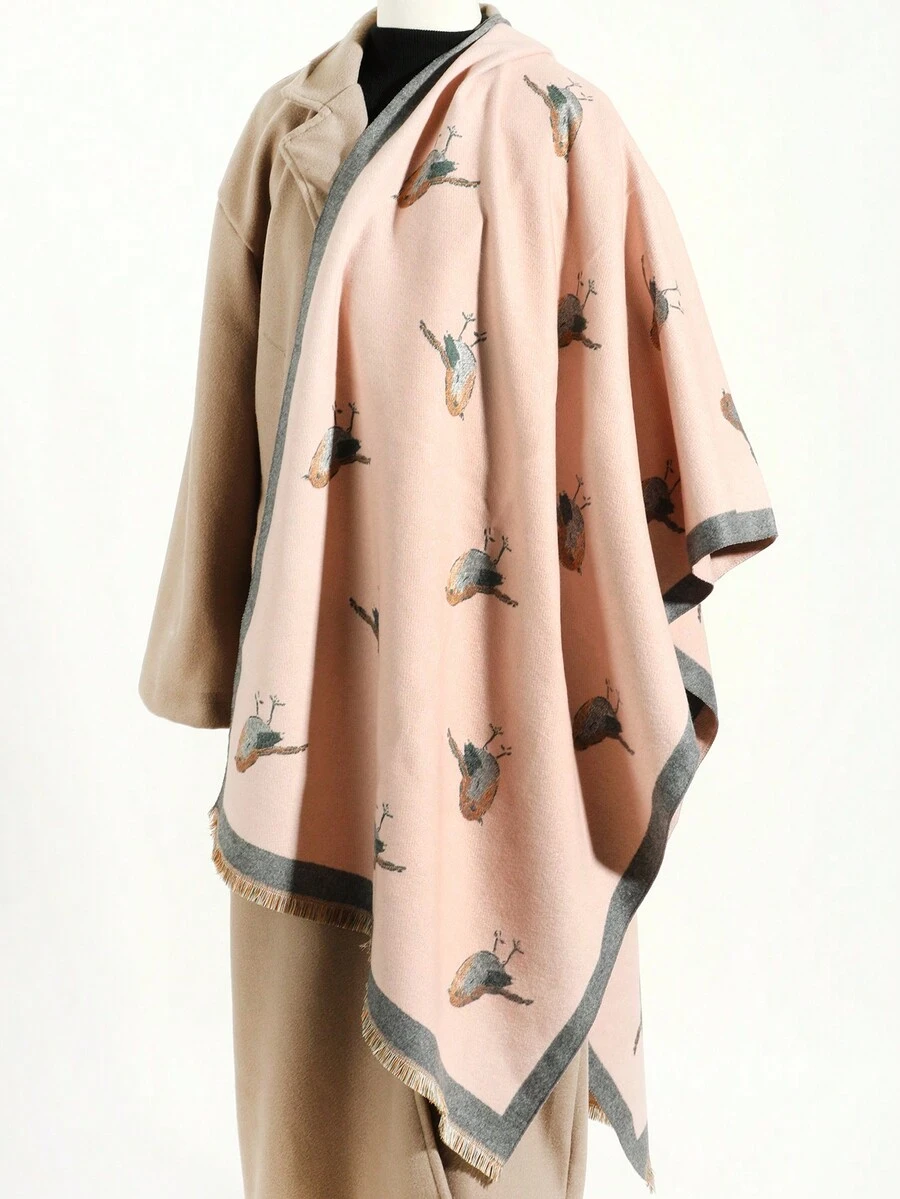 1pc Ladies' Stylish Short Fringed Pink Scarf With Bird Pattern, Keep Warm For Dating And Outdoor Activities - Pink - View 1