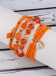 Conjunto De 4 Pulseras Adornadas De Cristales De Estilo Bohemio En Color Naranja Para Chicas Adolescentes, Pulseras Artesanales Multicales Elástica - Naranja - Ver 3