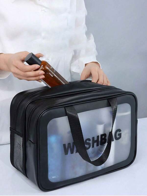 1PC Black PU Dry And Wet Separation Clear Wash Bag Portable Waterproof Double Layer Organizer Toiletry Travel Bag Large Capacity Multi-Function Transparency PVC Storage Makeup Bag Cosmetic Bag Makeup Storage Makeup Organizer Travel Accessories Brush Bag Make Up Container Travel