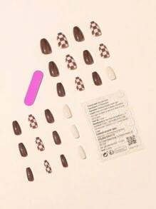 Mejore instantáneamente su apariencia con 24 unidades de uñas postizas en forma de ataúd medio color marrón caqui y diseño de tablero de ajedrez, acompañado de 1 lima de uñas y 1 lámina de pegatinas adhesivas para uñas, suministros de uñas uñas falsas uña falsa uña acrílica - Multicolor - Ver 2