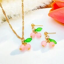 3入組時尚櫻桃紅項鍊與耳環珠寶套裝,輕奢風格,礦脈設計綠色和粉色吊墜鎖骨鏈,精美的女士配飾 - 粉色 - 查看 1