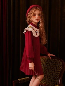 Tween Girl Embroidery Peter Pan Collar Pleated Sweater Dress With Contrasting Colors (Excluding Hat) - Red - View 3