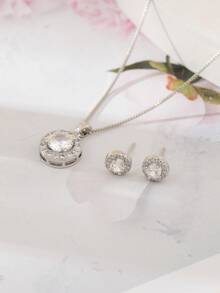 1套優雅奢華的圓形鋯石嵌入吊墜項鍊和耳環套裝,完美適合婚禮和派對,是女友、妻子等在婚禮、訂婚、求婚和其他特殊場合的理想禮物 - 銀色 - 查看 6
