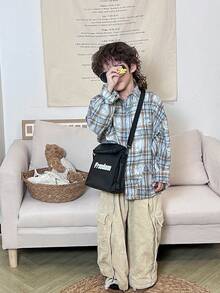 兒童兩用肩背包、斜背包、背包,搭配休閒字母印花,適合男孩女孩 - 黑色 - 查看 6