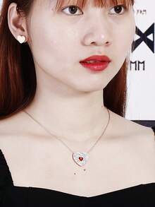 1條心型鑽石吊墜項鍊,附1對心型耳釘,適用於女性日常穿戴,情人節禮物 - 心形 - 查看 2