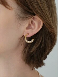 1pair Geometric Pearl & Crescent Moon Shaped Ear Studs - Pearl Crescent Earrings - View 5