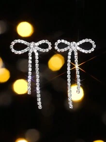 Retro Shining Tassel Club Bowknot Crystal Rhinestone Earrings Stud Wedding Party Graduation Jewelry 1 Pair - Silver - View 4