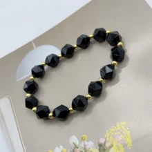 1只精美設計的珠子手鍊,天然黑曜石雕刻珠子,時尚珠子手帶 - 黑色 - 查看 4