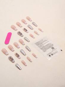 浪漫來臨！24入組短棺形閃爍鑽石假指甲加上1片膠帶和1支指甲文件，適用於女性和女孩，推式假指甲及美甲用品 - 彩色 - 查看 5