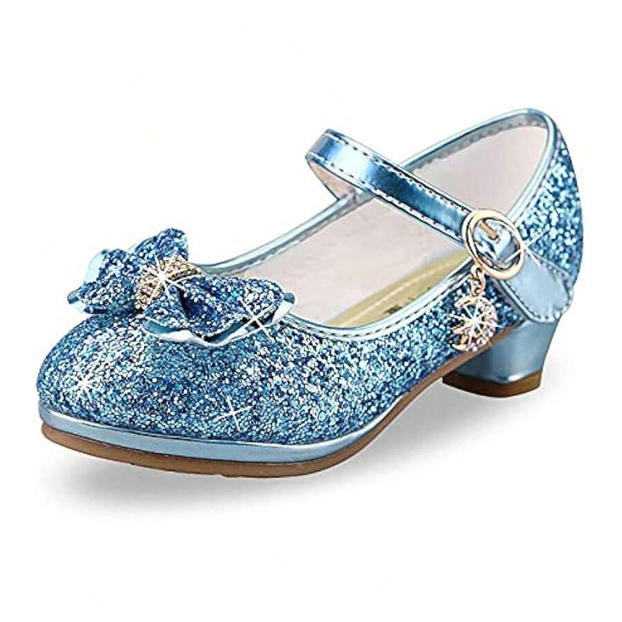 Girls Princess Shoes Sequins Sweet Bows High Heels Wedding Party Dress Shoes Dance Bright Diamond Cosplay Christmas Festival Shoes Pink Blue Purple Gold Silver - 藍色 - 查看 1