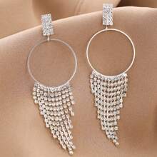 1對時尚圓形鑲寶石流蘇耳環,為女性裝扮增添亮點 - 銀色 - 查看 3