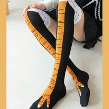 运动户外1双鸡爪袜女过膝长袜趣味卡通鸡腿爪女士3D印花大腿袜 - 黑色 - 查看 5