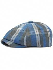 1pc Men's Polyester Herringbone Ivy Cap, Irish Golf Cap With Plaid Pattern - Blue - View 1