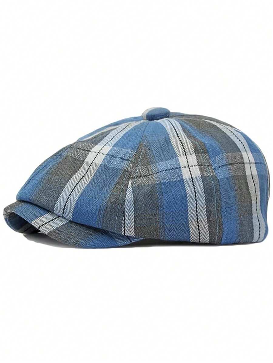 1pc Men's Polyester Herringbone Ivy Cap, Irish Golf Cap With Plaid Pattern - Blue - View 1