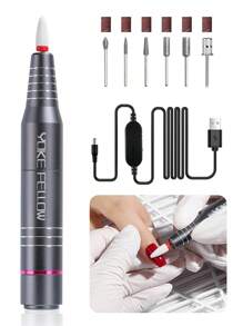 Yokefellow Usb電動指甲鑽套裝（粉色/黑色/灰色）,附有6支指甲鑽和6個砂輪帶,電動專業指甲磨光機,usb接口手柄,usb指甲鑽筆,便攜式指甲修護器,適用於膠甲沙龍,完美新年禮物 - 灰色 - 查看 2