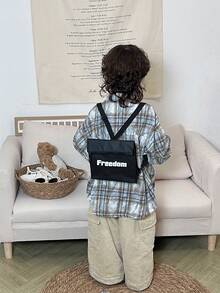 兒童兩用肩背包、斜背包、背包,搭配休閒字母印花,適合男孩女孩 - 黑色 - 查看 4