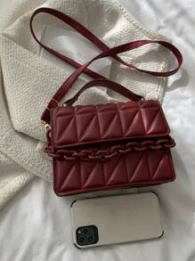 迷你鏈條裝飾拼接時尚手提包 - 酒紅色 - 查看 7