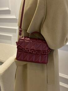 迷你鏈條裝飾拼接時尚手提包 - 酒紅色 - 查看 6