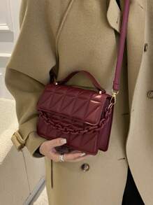 迷你鏈條裝飾拼接時尚手提包 - 酒紅色 - 查看 5