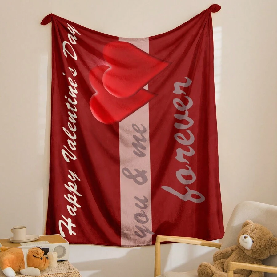 1入浪漫紅色心形印花法蘭絨矩形柔軟沙發套毯，適合情人節、新年、日常家居使用 - 紅色 - 查看 1