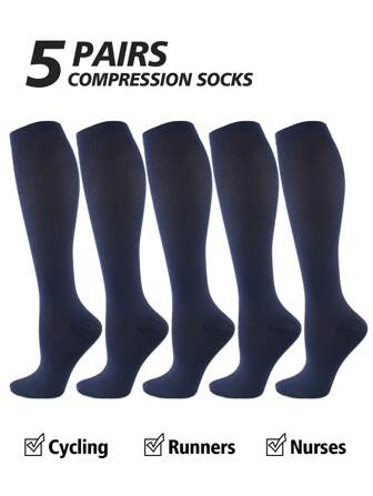 5 Pairs Women's Navy Blue Compression Socks, Over Knee High Stockings, Suitable For Running, Cycling Sports, Gym