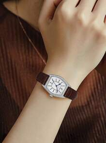 Luckyfox 干电池女士小众复古酒桶表壳镶嵌水钻商务精致风格高端感真皮表带手表适合日常生活 - 咖啡棕 - 查看 1