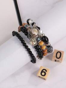4入組波西米亞風格玻璃珠、貝殼和鋅合金吊墜手鐲套裝,男士沙灘服和日常穿搭 - 黑色 - 查看 2