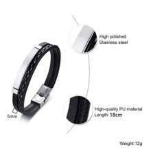 1pc Stainless Steel Silver Bent-Plate Pu Leather Braided Double-Layer Bracelet For Men Gifts