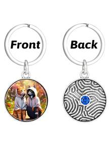 1pc Cute Couple Cat Keychain&Keychain Wristband Wallet With Shiny Royal Blue Rhinestone 30mm Glass Sticker Vintage Keychain On Back Birthday Gift For Boyfriend Girlfriend - Royal Blue - View 4