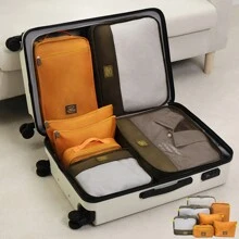 7pcs Compression Packing Cubes, Contrast Color Travel Storage Bag Set, Digital Toiletries Cosmetics Packing Storage Bag, Patchwork Clothes Shoes Organizer For Suitcase Luggage Travel Holiday Essentials Holiday Travel Essentials Travel Bag Travel Accessories - Orange - View 1