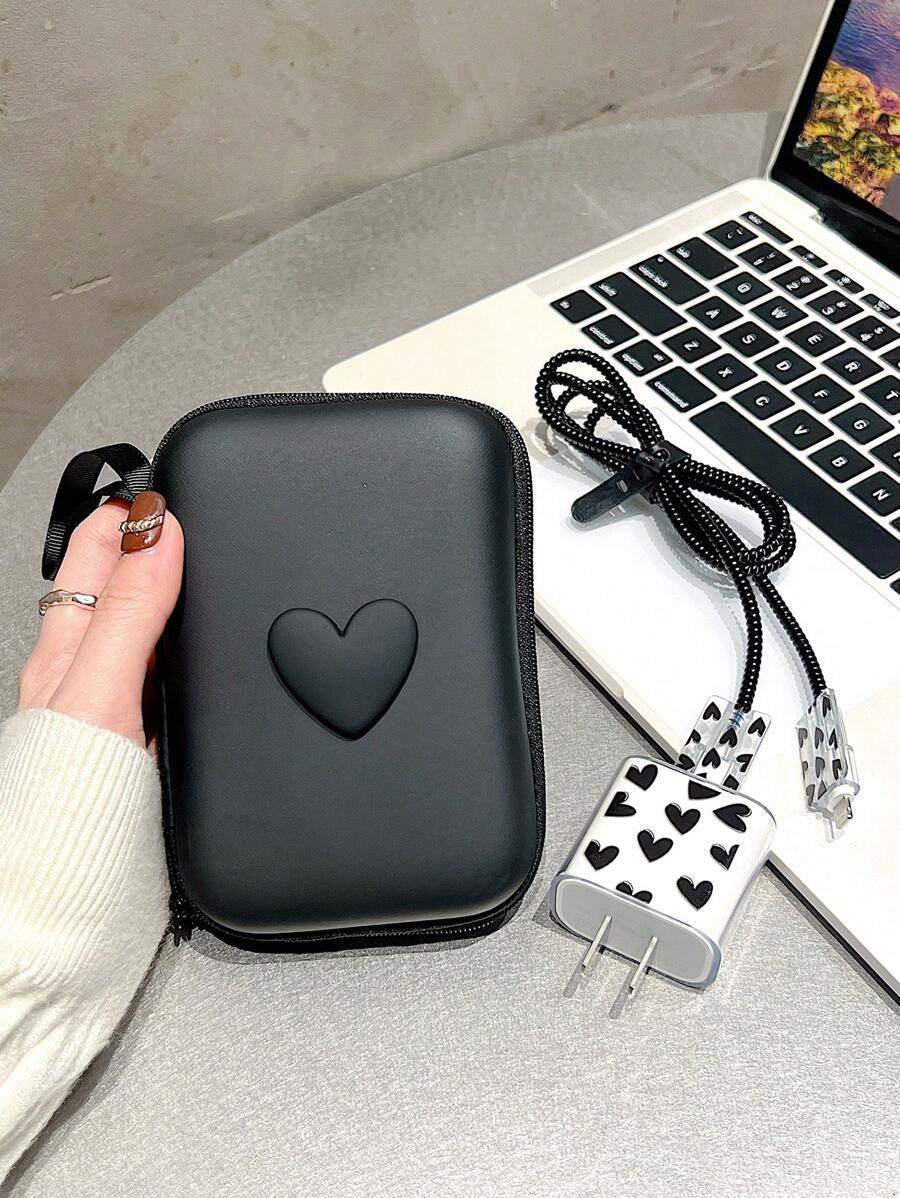 Conjunto de 6 piezas de Bolsa Organizadora de Cable de Eva + 1 Lazo de Cable en forma de corazón de 1.5m + Funda Protectora de cabeza de carga TPU compatible con iPhone 12/13/14, Cable de datos de carga rápida de 20W, con diseño anti-rotura. - Negro - Ver 1