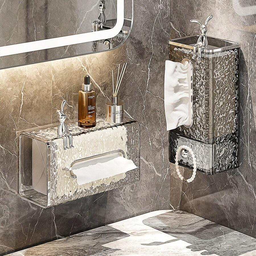 豪華冰川紋牆掛式面紙盒套,配有太空兔紙巾座及防水免鑽馬桶紙巾架 - 灰色 - 查看 1