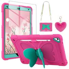 Funda compatible con iPad generación 9na, 8va y 7ma de 10.2 pulgadas con protector de pantalla/soporte de mariposa/cordón/llavero/funda reforzada con portálápiz para niños y niñas, color rosa y verde - Rosa Fucsia - Ver 1