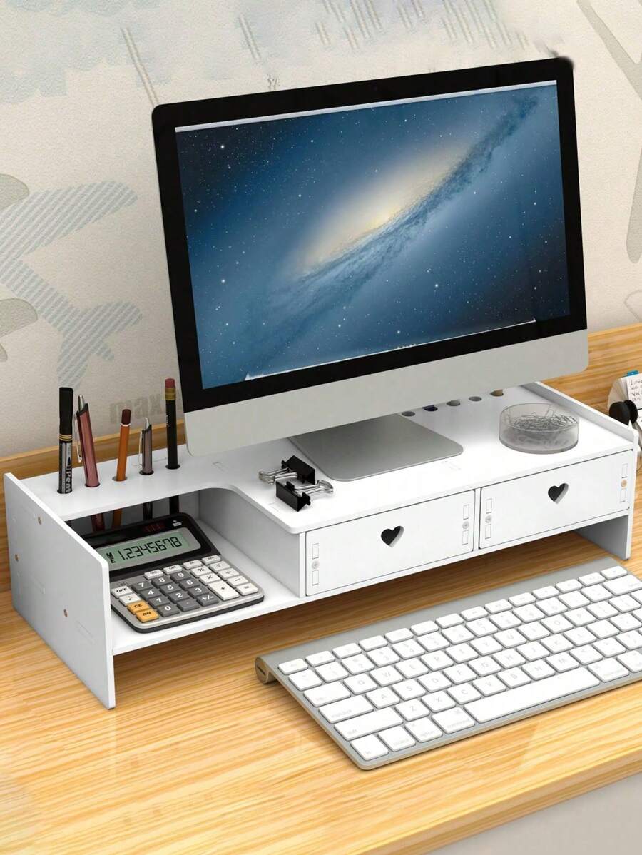 1pc White Desktop Storage Box With Monitor Stand, Neck Protection & Drawer Design Keyboard Organizer, Computer Riser - White - View 1