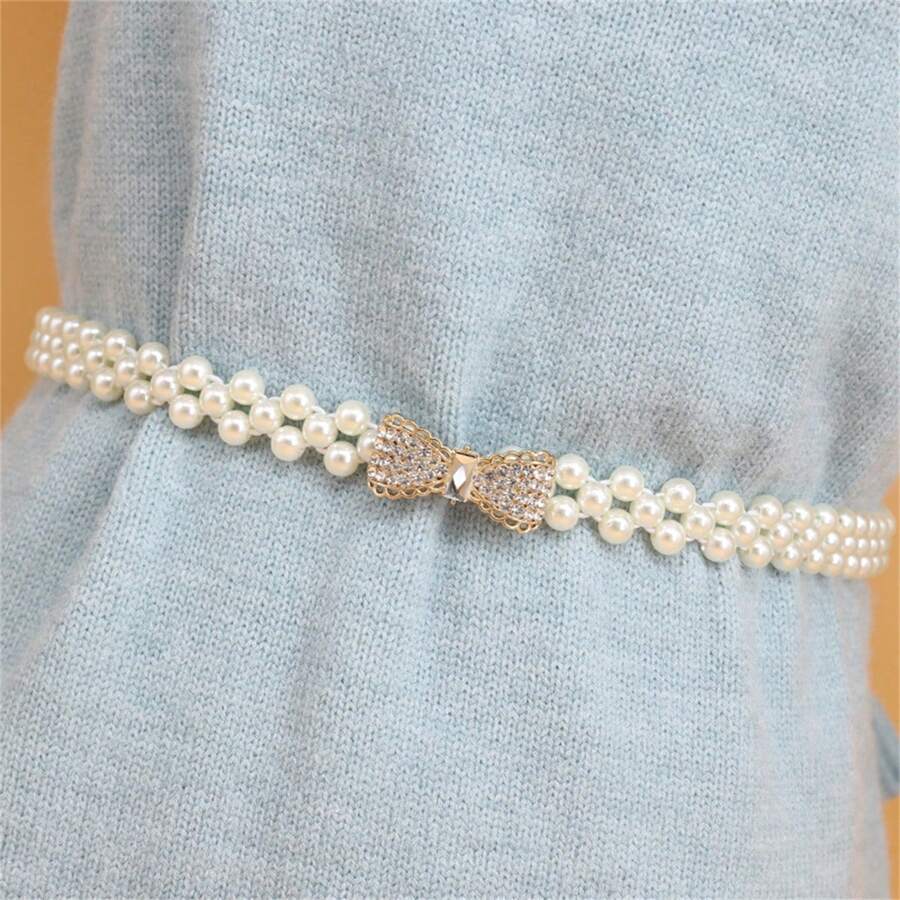 1 件女士彈性珍珠鍊帶精緻鑽石扣時尚百搭服裝配件腰帶適合日常穿著、旅行和節日 - 金色 - 查看 1