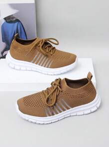 1 双女童针织系带平底透气一脚蹬休闲儿童运动鞋，适合春秋季节 - 棕色 - 查看 5